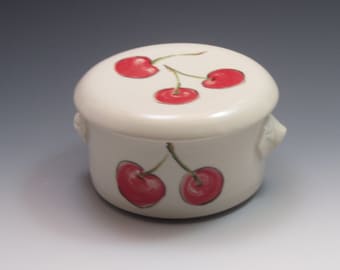 Porcelain french butter dish, handpainted with cherry design