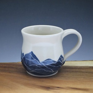 Pottery mug, porcelain cup handmade and handpainted with mountain pattern