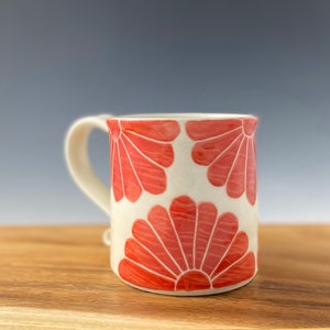 Pottery coffee mug, porcelain cup, handmade with red flower design