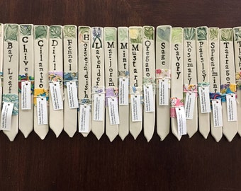 Herb Garden Markers, set of 3 / Ceramic garden stakes, made of porcelain