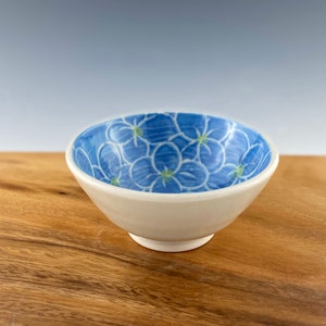 Porcelain small prep bowl, handpainted in blue hydrangea design