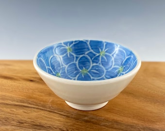 Porcelain small prep bowl, handpainted in blue hydrangea design