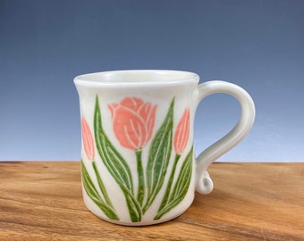 Porcelain Pottery Mug, Hand Painted in Tulip Pattern