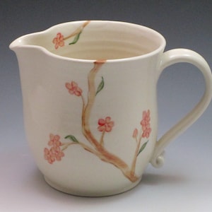 Porcelain pitcher, cherry blossom pattern, hand thrown and handpainted