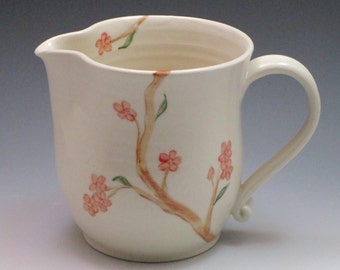Porcelain pitcher, cherry blossom pattern, hand thrown and handpainted