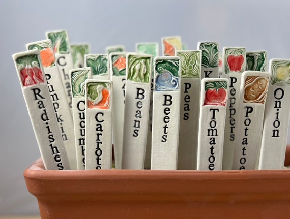 One Handmade Veggie Garden Marker: Stamped Plant Stake, Made of Porcelain