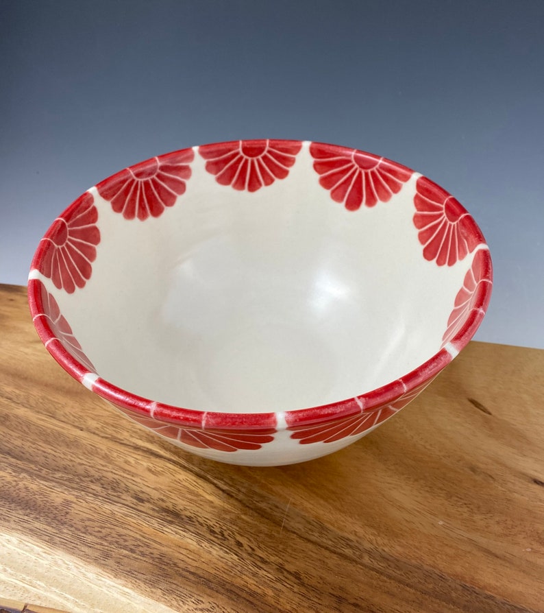 Pottery serving bowl with red flower design image 4