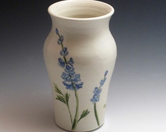 Handmade porcelain vase handpainted in delphinium design