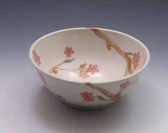 Pottery cereal bowl, soup bowl with handpainted cherry blossoms, made of porcelain