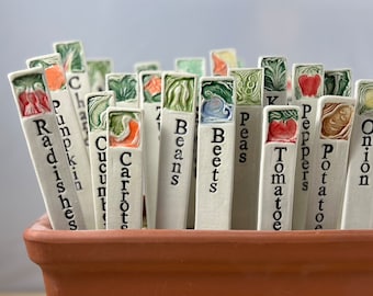 Ensemble de 12 marqueurs de potager / piquets de jardin en céramique / marqueurs de plante végétarienne en porcelaine