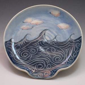 Repose-cuillère en céramique / Repose-cuillère en poterie, porcelaine, motif vagues et nuages bleus