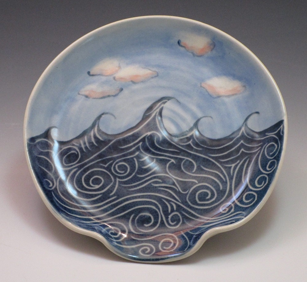 Ceramic spoon rest / Pottery spoon rest, made of porcelain, blue wave and cloud pattern