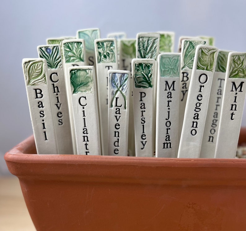 Set of 6 Porcelain Herb Garden Markers: Hand-Painted Ceramic Garden Stakes