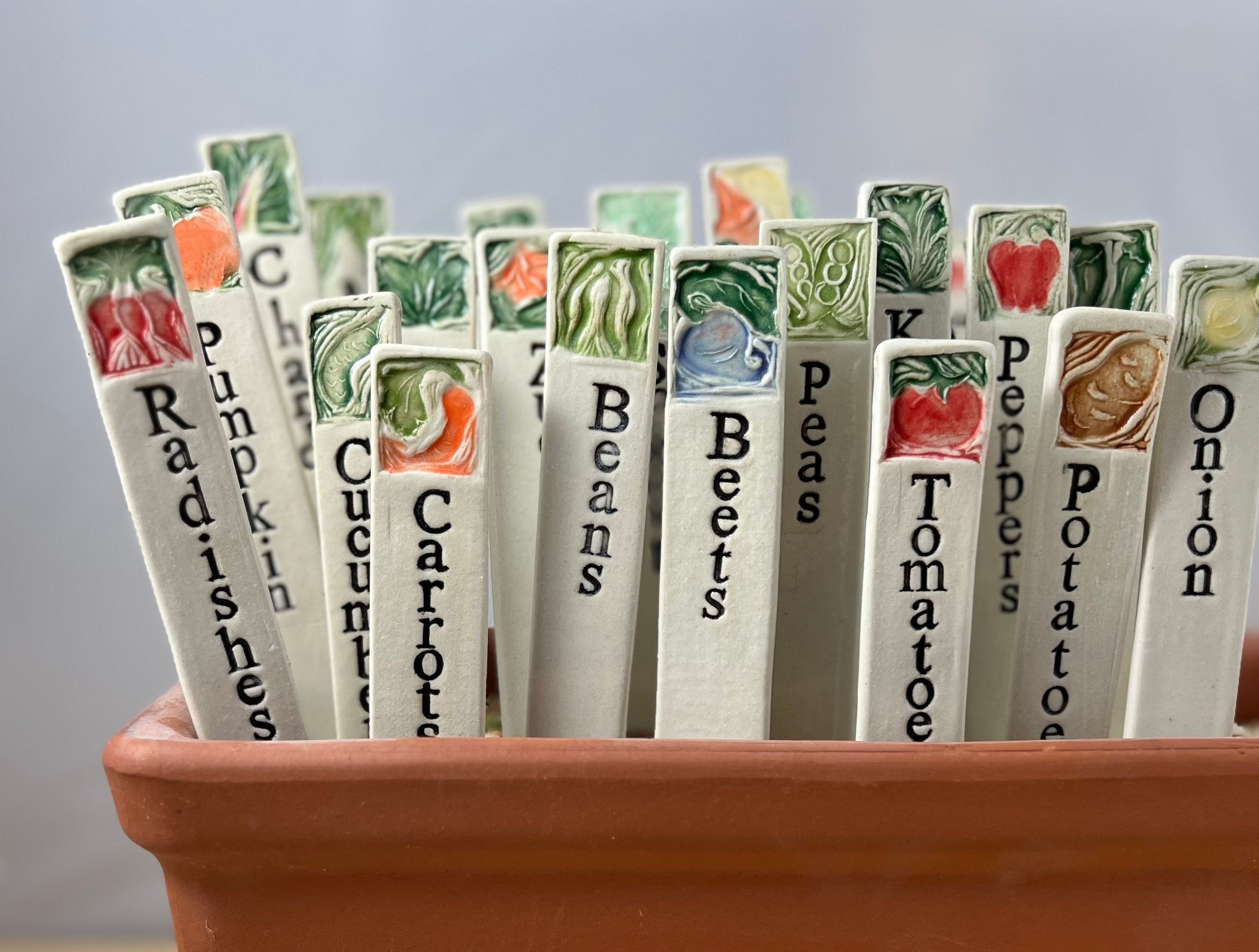 Set of 9 Porcelain Vegetable Garden Markers: Hand-Painted Plant Stakes