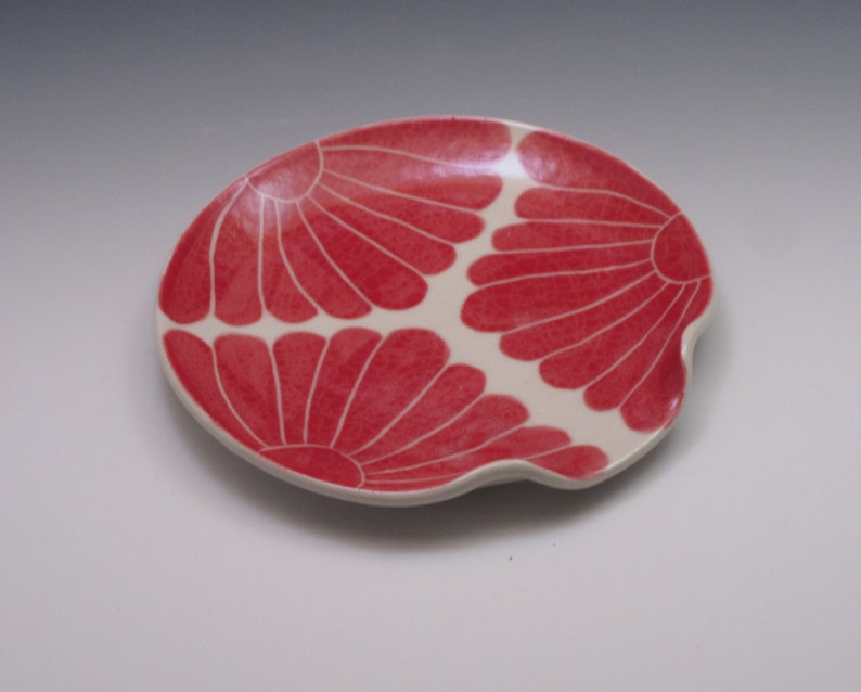 Ceramic Spoon Rest / pottery spoon rest / porcelain spoonrest, painted in bold red flower pattern image 3