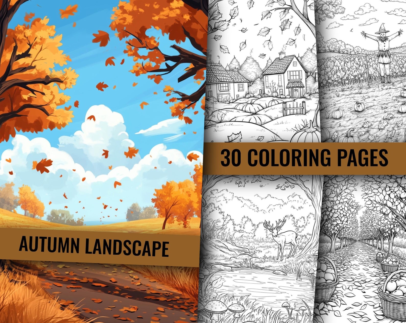 30 AUTUMN LANDSCAPE Coloring Pages Fall Coloring Sheets, Pumpkin Coloring, Adult and Kids ...