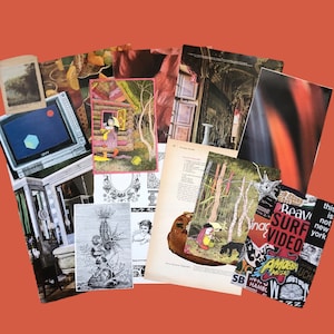 May include: A collection of various art prints and ephemera, including illustrations, book pages, and collages. The images feature diverse themes, such as landscapes, figures, and abstract designs. Some pieces have text, and the color palette is varied, with a warm orange background.