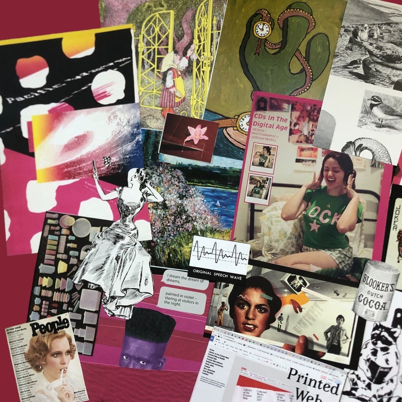 May include: A collage of various images and text on a magenta background. The images include a woman in a dress, a cactus with a clock, a magazine cover with the word "People", and the text "CDs In The Digital Age".