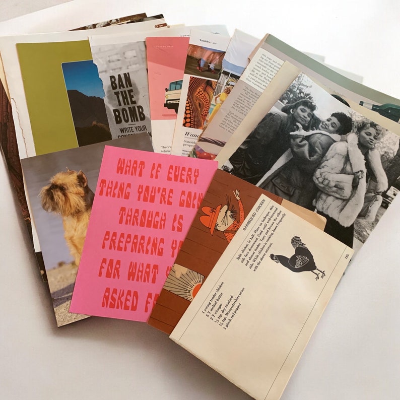 May include: A collection of vintage ephemera, including magazine pages, postcards, and a recipe card. The items feature a variety of colors, including pink, brown, and green. One pink card has the text "WHAT IF EVERY THING YOU'RE GOING THROUGH IS PREPARING YOU FOR WHAT ASKED FOR".