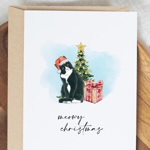 Cartão de Natal de gato de smoking para impressão para amantes de gatos | Cartão de Natal Meowy com gato | Cartão de Natal para download digital | Cartão de Natal fofo