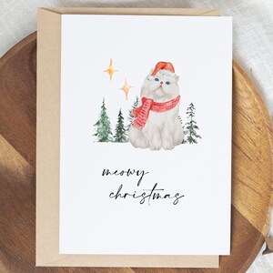 Carte de Noël imprimable pour les amoureux des chats – « miaou Noël » avec bonnet de Noel, arbres de Noël | Jolie carte pour les Fêtes à téléchargement numérique