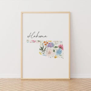 Mapa floral de Oklahoma para imprimir, arte estatal de EE. UU., descarga digital, tamaño personalizado, decoración de pared floral del estado de Sooner, mapa de los 50 estados, decoración del hogar