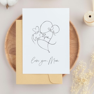 Cartão de Dia das Mães com "Te amo, mãe", design minimalista, download digital, cartão para impressão, presente perfeito para o Dia das Mães