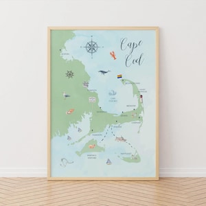 Cape Cod Map Wall Art / Arte stampabile / Arte murale ispirata ai viaggi / Download digitale / Decorazione costiera della geografia degli Stati Uniti, regalo di inaugurazione della casa