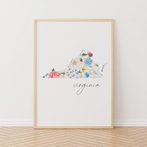 Afdrukbare bloemenkaart Virginia, USA State Art, digitale download, aangepast formaat, Old Dominion State Floral Wall Decor, kaart 50 staten, woondecoratie