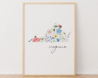 Virginia Floral Map Printable, USA State Art, Digital Download, Custom Size, Old Dominion State Floral Wall Decor, 50 States Map, Home Decor