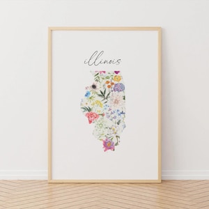 Arte de parede para impressão de mapa floral de Illinois, download digital, tamanho personalizado, decoração de parede floral do estado de Prairie, mapa dos 50 estados, decoração para casa