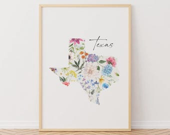 Texas Floral Map Printable, USA State Art, Digital Download, Custom Size, Lone Star State Floral Wall Decor, 50 States Map, Gift Idea
