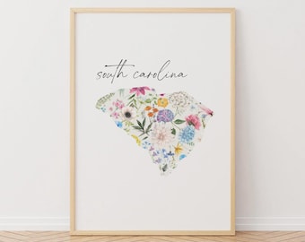 South Carolina Floral Map Printable, USA State Art, Digital Download, Palmetto State Floral Wall Decor, 50 States Map, Home Decor, Gift Idea