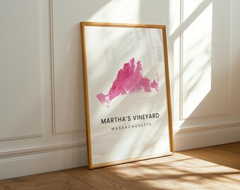 Martha's Vineyard Wall Art | Digital Art Print | Travel Inspired Poster | Pink Watercolor Art Massachusetts State Map | Instant Download