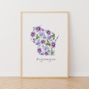 Arte mural imprimible con la flor del estado de Wisconsin, violeta azul común, descarga digital, tamaño personalizado, decoración del estado de Tejón, mapa de los 50 estados, decoración del hogar