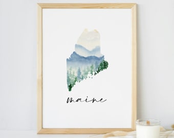 Maine State Map Wall Art | Mountain Landscape Digital Print Travel Poster Housewarming Gift | Instant Download