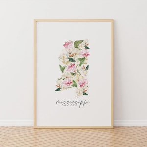 Fleur de l'État du Mississippi, imprimable, Magnolia, téléchargement numérique, taille personnalisée, décoration murale florale du Sud, carte des 50 États, décoration d'intérieur