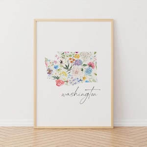 Arte de pared imprimible con mapa floral de Washington, descarga digital, tamaño personalizado, decoración de pared con flores del estado de Evergreen, mapa de los 50 estados, decoración del hogar