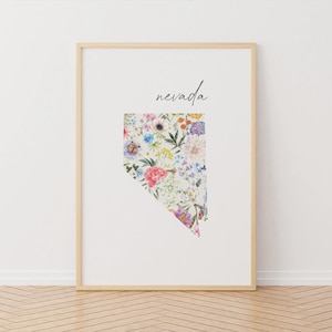Nevada Blumen Karte Wand Kunst zum ausdrucken, digitaler Download, Benutzerdefinierte Größe, Silber Zustand Wanddekor, USA 50 Staaten Aquarell Kunstwerk Poster