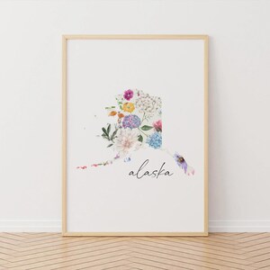 Art mural imprimable carte florale de l'Alaska, téléchargement numérique, décoration murale carte de l'État de la dernière frontière, oeuvre aquarelle de carte de l'État, cadeau pour elle