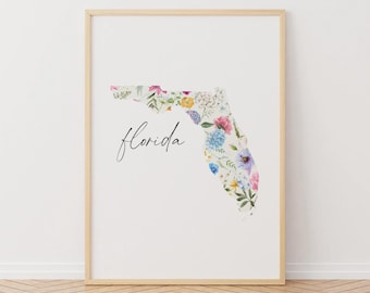 Florida Floral Map Wall Art Printable | Digital Download USA States Travel, Custom Size Sunshine State Map Wall Decor, Instant Download