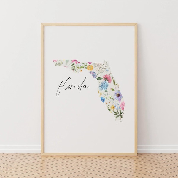 Arte de pared con mapa floral de Florida para imprimir/descargar digitalmente, estados de EE. UU., viajes, decoración de pared con mapa del estado del sol de tamaño personalizado, descarga instantánea