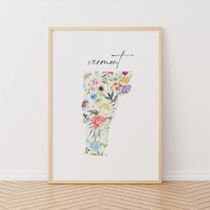 Mapa floral de Vermont para imprimir, arte estatal de EE. UU., descarga digital, tamaño personalizado, decoración de pared con flores del estado de Green Mountain, mapa de los 50 estados