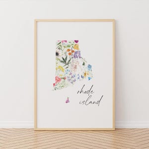 Art mural carte florale du Rhode Island, téléchargement numérique, décoration murale florale Ocean State, carte des 50 États, cadeau déco maison côtière