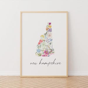 Carte florale du New Hampshire imprimable, Art de l'État des États-Unis, téléchargement numérique, taille personnalisée, décoration murale florale de l'État de granit, idée cadeau carte des 50 États