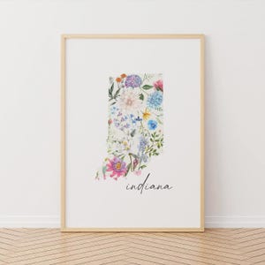 Carte florale de l'Indiana, art mural imprimable, 50 États des États-Unis, téléchargement numérique, idée cadeau, dimension personnalisée, cadeau de pendaison de crémaillère Hoosier