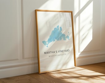 Martha's Vineyard Wall Art | Digital Art Print | Travel Inspired Poster | Blue Watercolor Art Massachusetts State Map | Instant Download