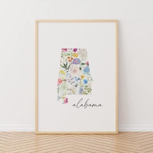 Carte florale de l'Alabama, art mural imprimable, téléchargement numérique, taille personnalisée, décoration d'intérieur charme du Sud, États-Unis 50 États, cadeau voyage et pendaison de crémaillère