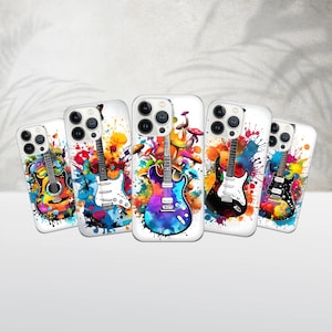 May include: A collection of five phone cases featuring colorful, abstract guitar designs. Each case showcases a different guitar style with vibrant watercolor-style splashes of color, including blue, orange, yellow, and purple, against a white background.