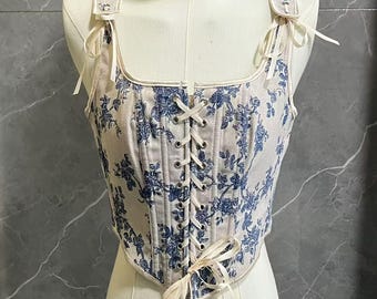Floral Renaissance Overbust Corset Top, Lace-Up Bustier, Ren Faire Costume, Cottagecore Steampunk Waist Cincher